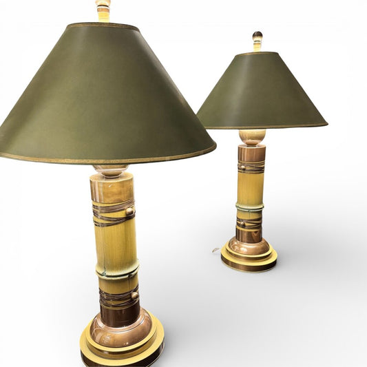 Rare Pair of 1970s Hart Associates Hollywood Regency Table Lamps Featuring Sculptural Brass and Faux Bamboo Columns w/ Rich Green Shades. Classic Style w/ Exceptional Weight and Craftsmanship. A True Designer Find. 20Lx20Wx35H