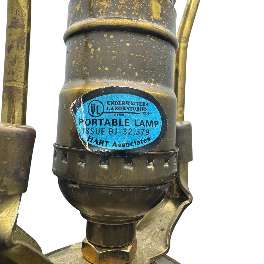 Rare Pair of 1970s Hart Associates Hollywood Regency Table Lamps Featuring Sculptural Brass and Faux Bamboo Columns w/ Rich Green Shades. Classic Style w/ Exceptional Weight and Craftsmanship. A True Designer Find. 20Lx20Wx35H