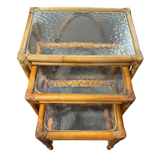 Set of 3 MCM Natural Bamboo Rattan Nesting Tables w/ Textured Glass Tops 25Lx17Wx22H