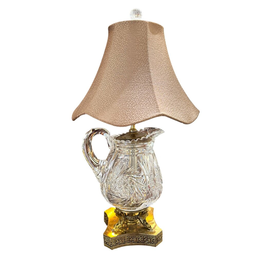 American Brilliant Cut Crystal Pitcher (circa 1880's) turned Lamp w/ Gold Gilt Dolphin Footed Base 12Lx12Wx22H