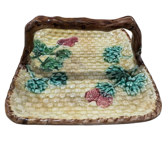 Antique Majolica Basketweave Handled Dish