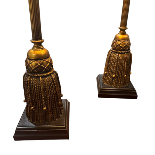 Pair of Hollywood Regency Dorothy Draper Tassel Lamp w/ Original Black Shades 35" tall