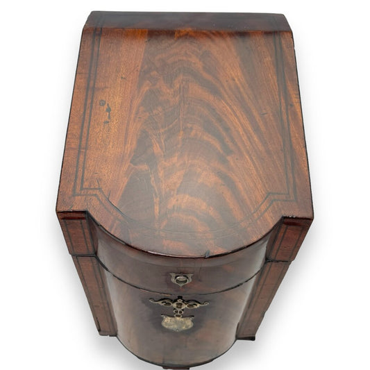 Late 18th Century English Mahogany Knife Cutlery Box w/ Sterling Silver Emblem Converted to 4 Piece Decanter Set (no key) 9.5Lx10x15.5H