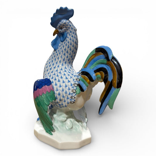 Vintage Herend Porcelain Rooster in Blue Handmade / Hand-painted in Hungary w/ 24k Gold Accents 6" tall