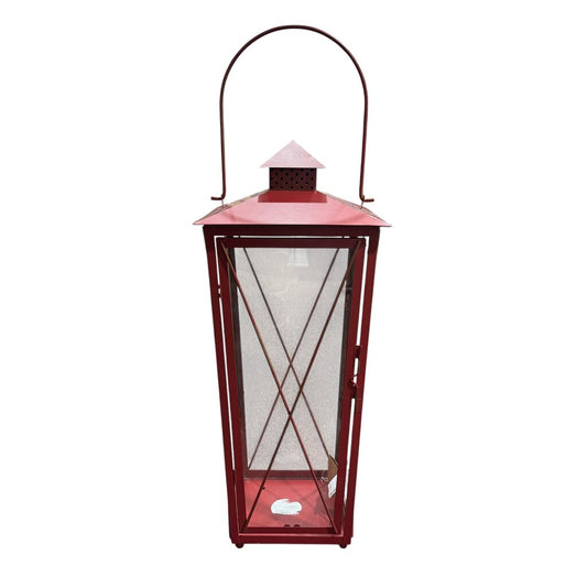 Large Red Metal Lantern Candle Holder w/ Glass Windows