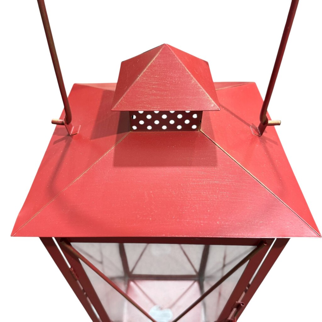 Large Red Metal Lantern Candle Holder w/ Glass Windows