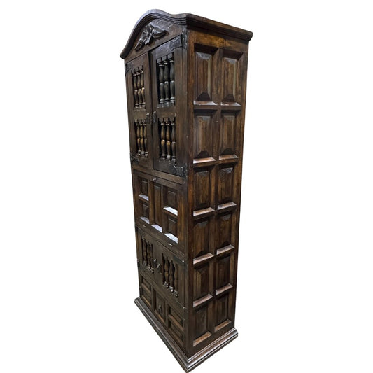 Vintage Dark Wood Spanish Style Secretary Desk Cabinet w/ Spindle Turnings in Doors Lots of Storage for Stationary 28Lx17Wx84H