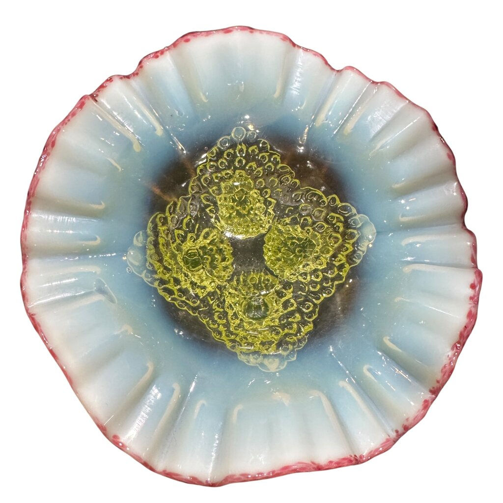 Vintage Uranium Glass Footed Dish w/ Ruffled Edges