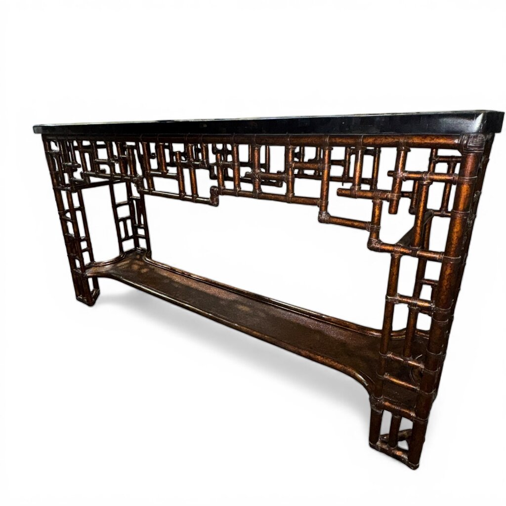 Tommy Bahama Royal Kahala Mystic Console Features a Pan-Asian Chinese Chippendale Design with a Leather-Wrapped Rattan Base and a Black Penn Shell Top 67Wx18Dx36H