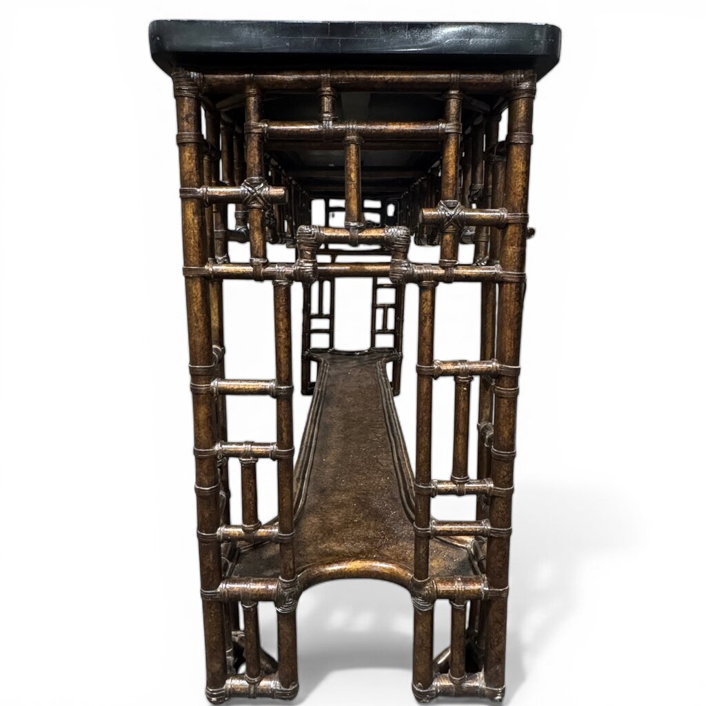 Tommy Bahama Royal Kahala Mystic Console Features a Pan-Asian Chinese Chippendale Design with a Leather-Wrapped Rattan Base and a Black Penn Shell Top 67Wx18Dx36H
