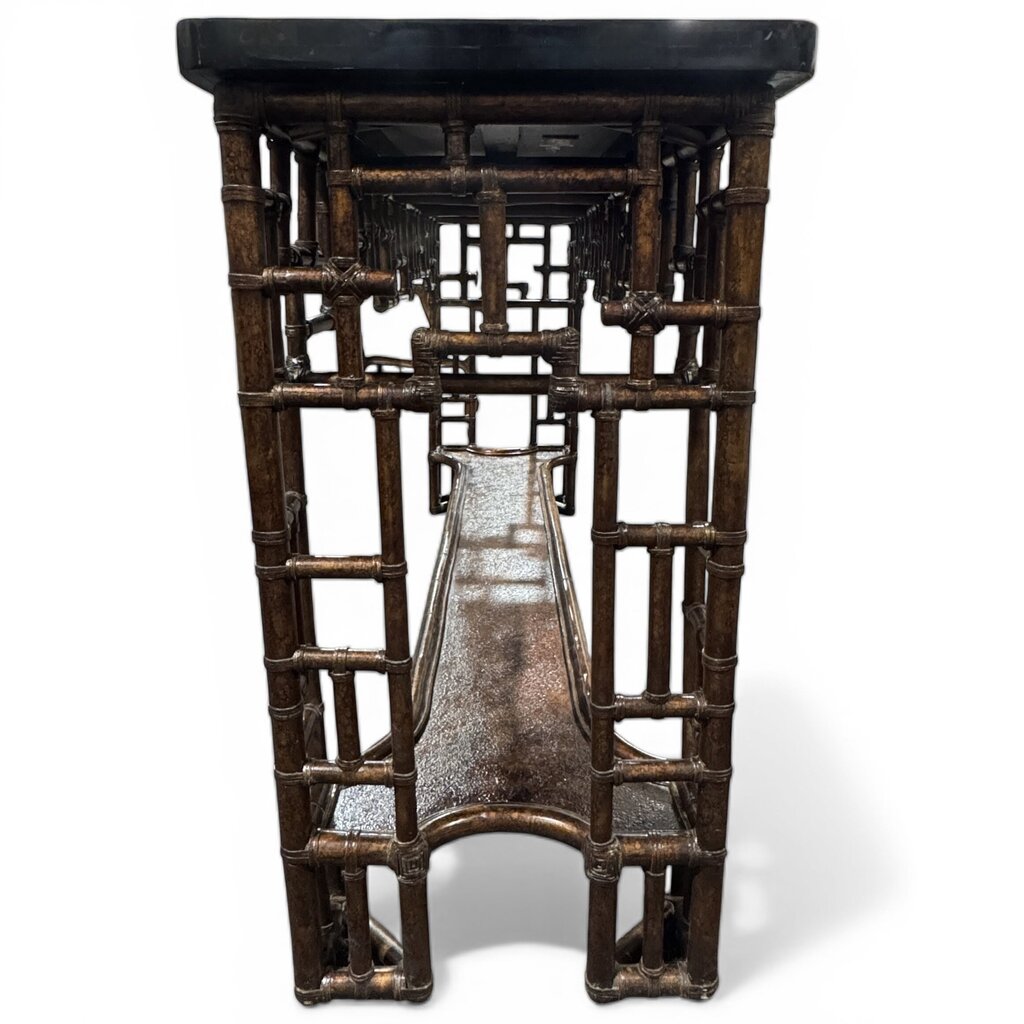 Tommy Bahama Royal Kahala Mystic Console Features a Pan-Asian Chinese Chippendale Design with a Leather-Wrapped Rattan Base and a Black Penn Shell Top 67Wx18Dx36H