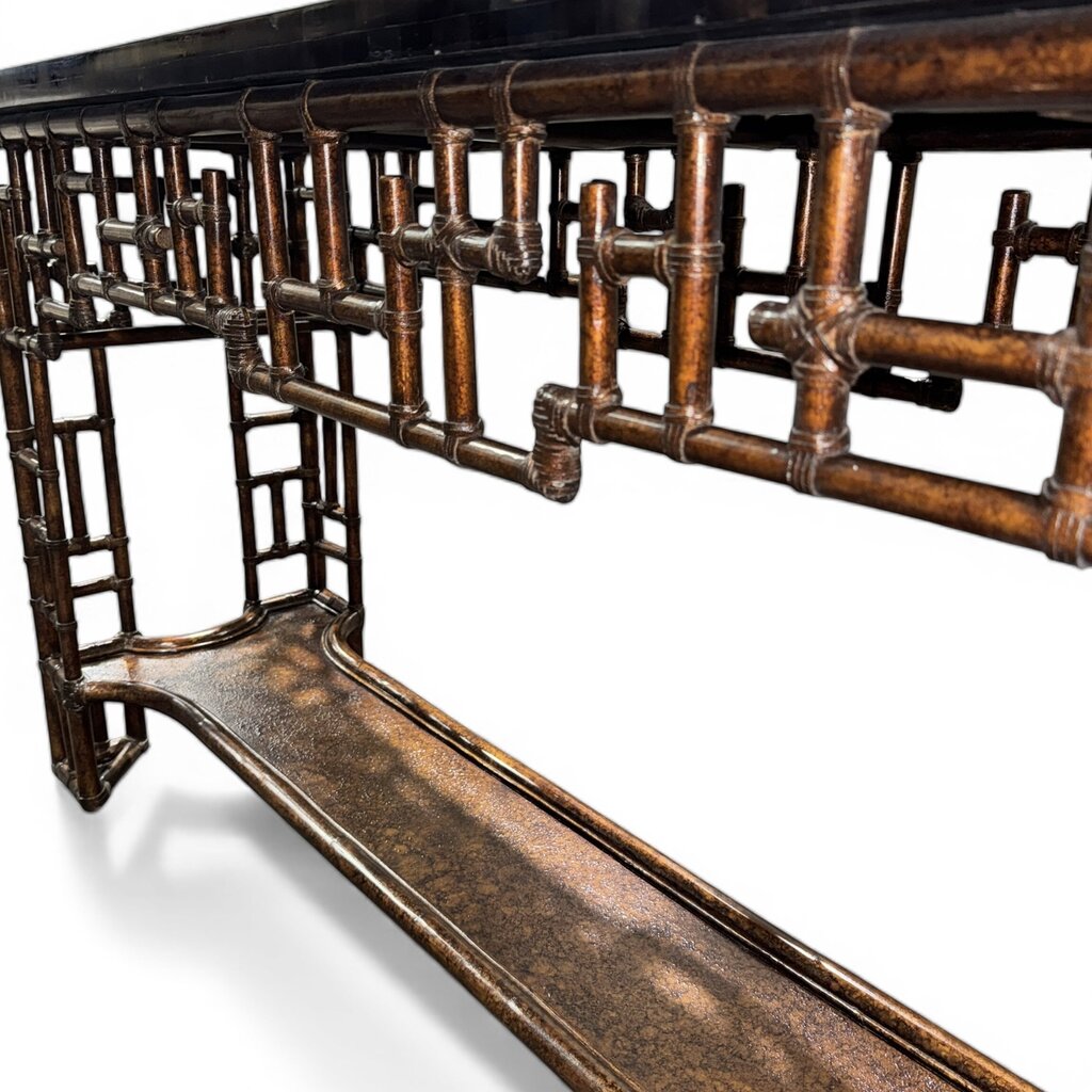 Tommy Bahama Royal Kahala Mystic Console Features a Pan-Asian Chinese Chippendale Design with a Leather-Wrapped Rattan Base and a Black Penn Shell Top 67Wx18Dx36H
