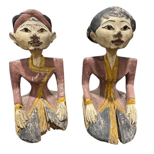 Antique Javanese Loro Blonyo Bride & Groom, Hand-Carved Wood with Original Polychrome Paint. Beautiful Age and Patina. A Symbol of Prosperity and Harmony. Rare Exceptional Pair for the Refined Collector (6Lx3Wx6H each piece)