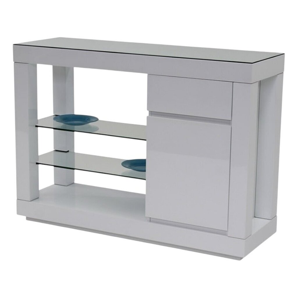 Modern Dry Bar Console w/ Glass Shelves & Top Lacquered in White Finish 59Lx20Wx43H