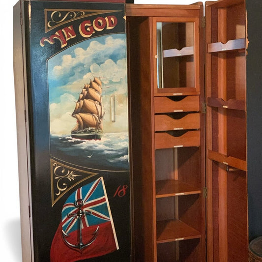 Antique Gentleman's Wardrobe Compactum, Circa 1900 -1920. Solid Wood w/ Fitted Interior Including Hanging Space, Drawers, Shelves, Mirror, Ivory Labels, & Locking Door. Artist Commissioned Hand-Painted Ocean Martime 1867 British Flags & Sailing Cutter ...