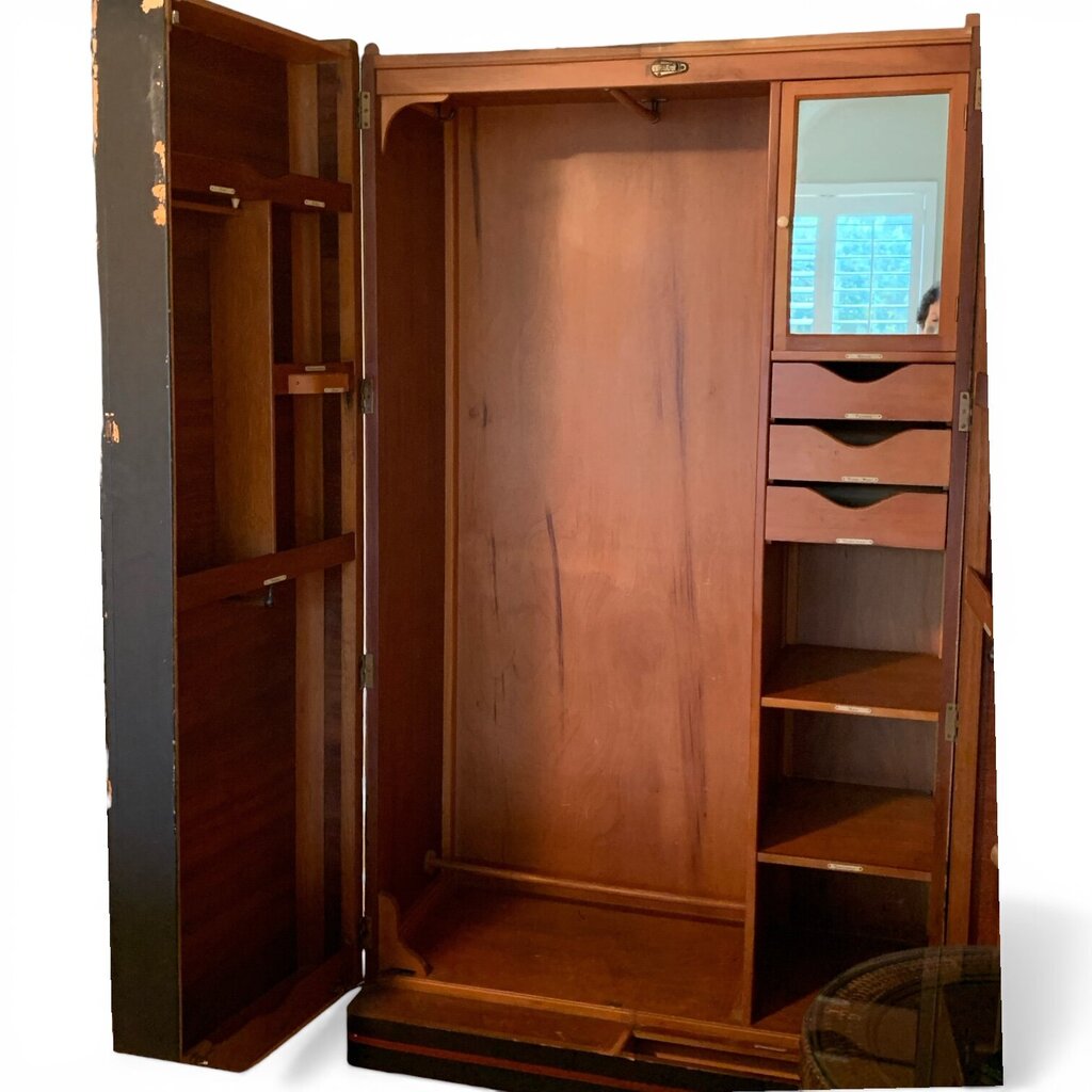 Antique Gentleman's Wardrobe Compactum, Circa 1900 -1920. Solid Wood w/ Fitted Interior Including Hanging Space, Drawers, Shelves, Mirror, Ivory Labels, & Locking Door. Artist Commissioned Hand-Painted Ocean Martime 1867 British Flags & Sailing Cutter ...