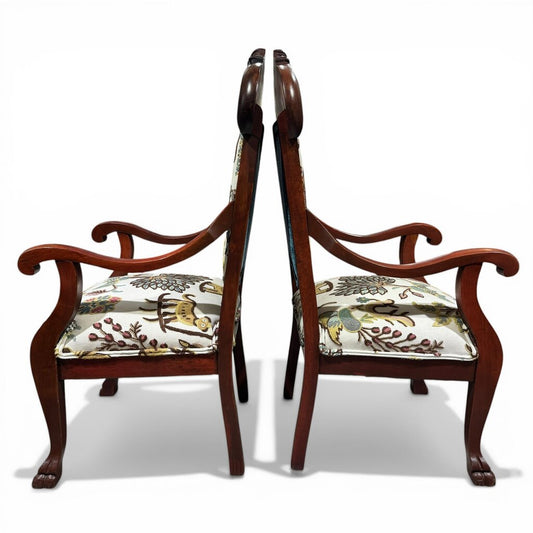 Pair of Vintage Mahogany Armchairs w/ Carved Crest Rails, Cabriole Legs, Schumacher Colonial Crewel Upholstery, Blue Back Panels, 22Lx22Wx44H