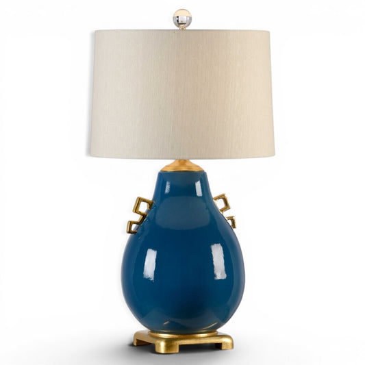 Pair of Wildwood Table Lamps in Largo Blue Glaze from the Ming Collection w/ Raw Silk Shade & Crystal Finials 18Lx34H