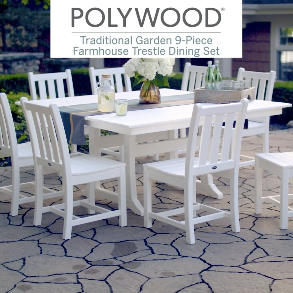 POLYWOOD 11pc All-Weather Patio Dining Set – w/ 8 Chairs & 60Lx60W Table, Umbrella & Stand