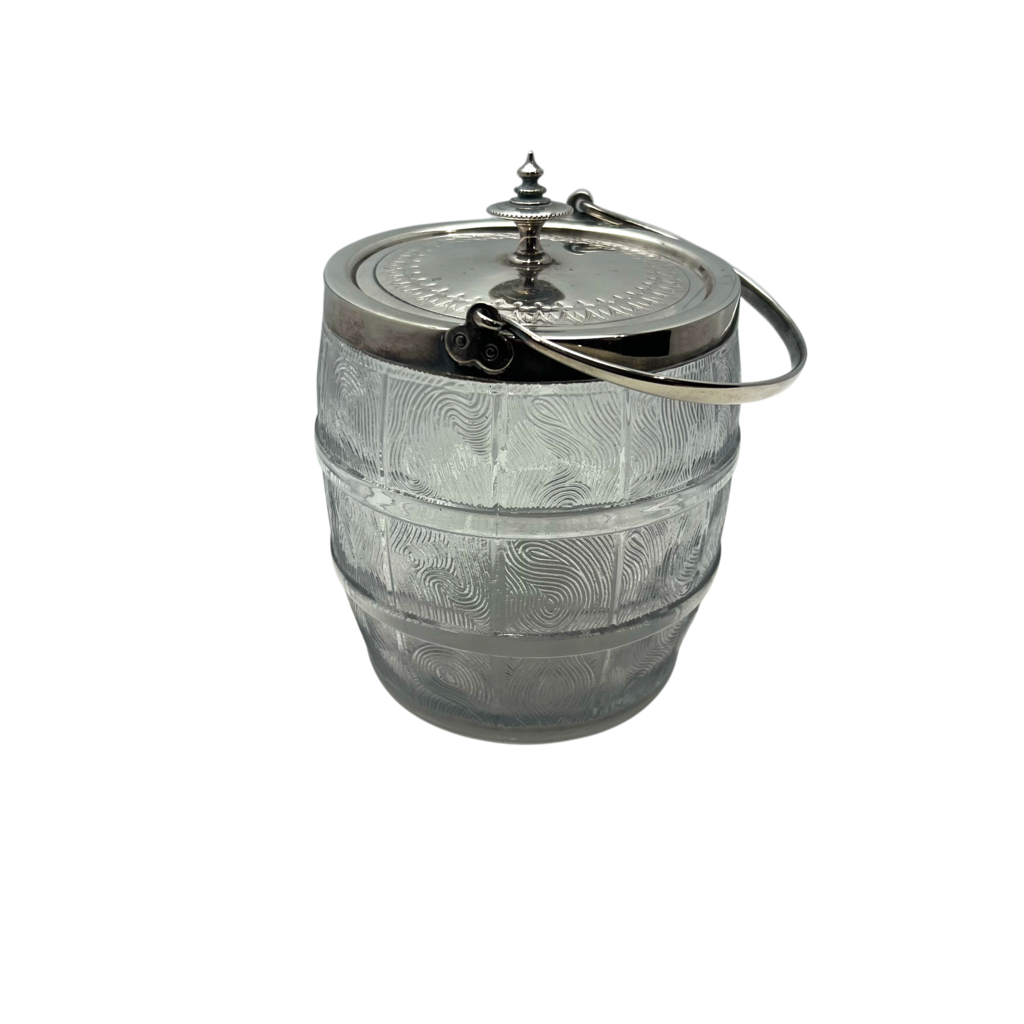 Vintage Frosted Glass Ice Bucket Barrel w/ Silver Tone Lid and Handle 8Lx7Hx7H