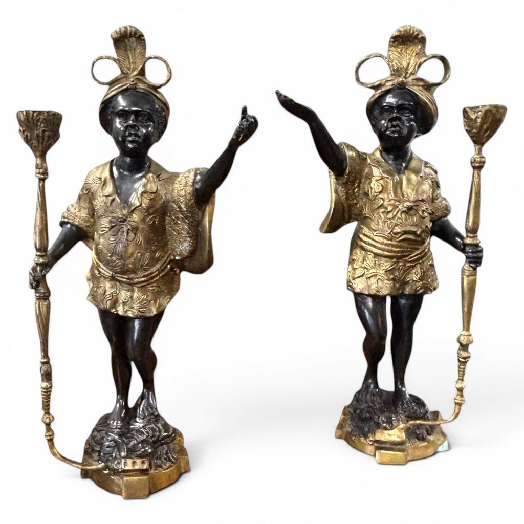 Antique Gold Gilt Bronze Blackamoor Figural Candlesticks - Pair 6Lx6Wx17H