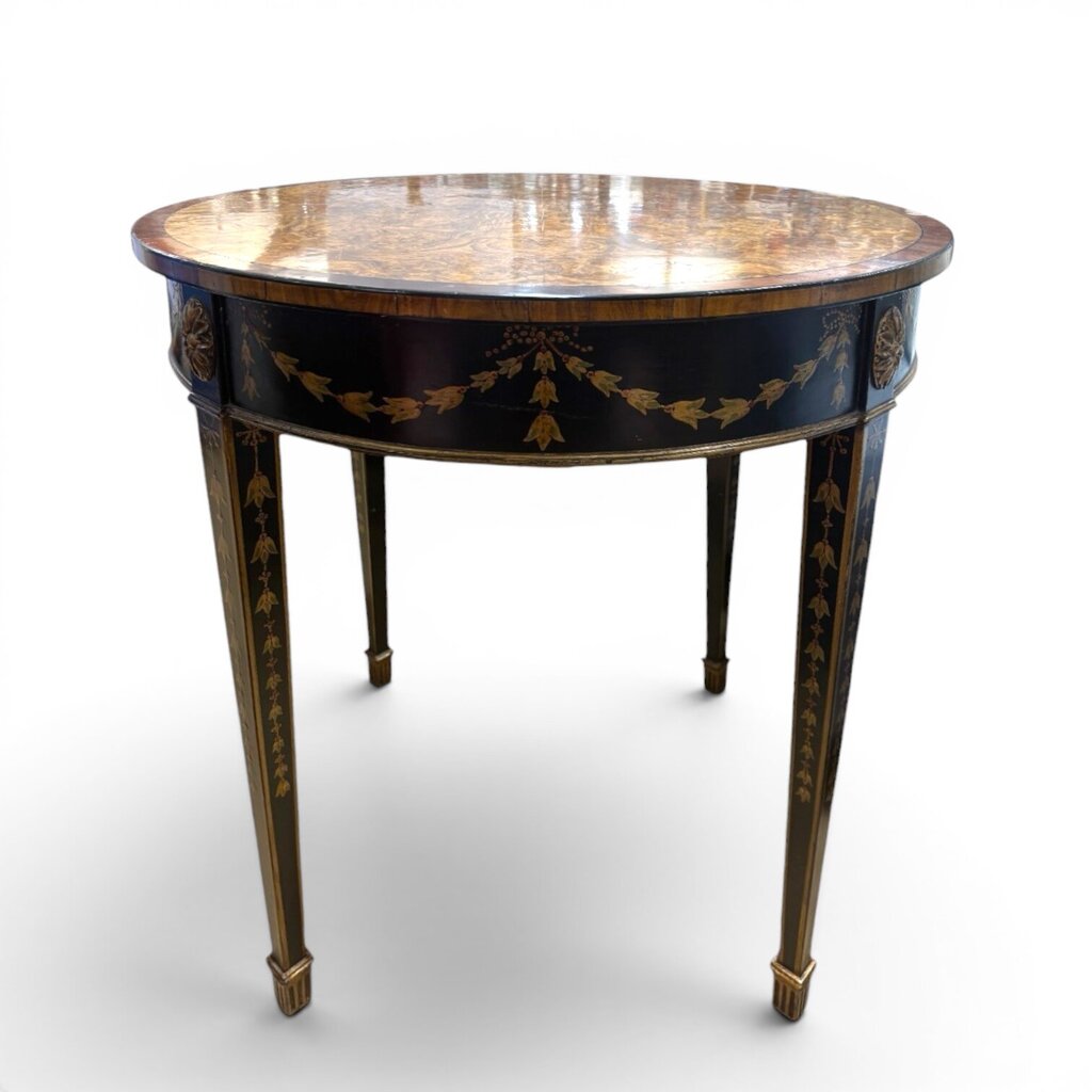 Burton Ching Hand-Painted Adams Style Accent Table – Crotch Burl Walnut Top - 28Lx28Wx28H
