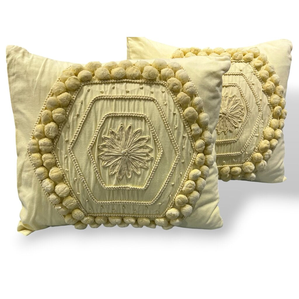 Pottery Barn Yellow Pom-Pom Accent Pillows Set of 2 18Lx18Wx6H