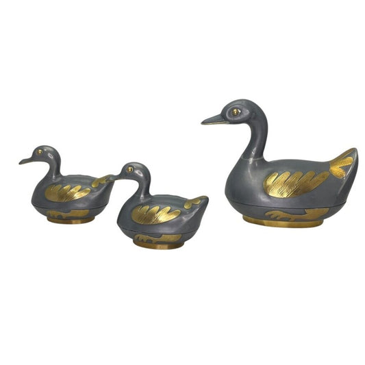 Vintage Hong Kong Duck Form Covered Bowls Set of 3 Gray Metal w/ Brass Accents
