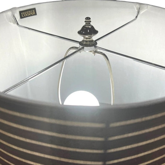 Pair of Frederick Cooper Crystal Lamps w/ Original Taupe Silk Banded Shades on Polished Chrome Base 14Lx14Wx29H