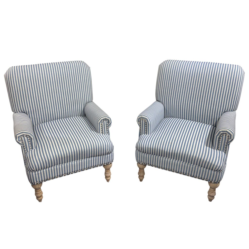 Pair of Blue-and-White Stripe Accent Chairs w/ Whitewash Wooden Legs 29Lx30Wx36H