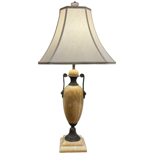 Pair Mid Century Italian Regency Onyx Brass Lionhead Lamps 14Lx14Wx31H