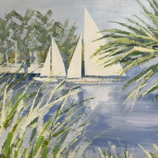 MCM Lee Reynolds Vanguard Studios Coastal Sailboat Painting 49Lx32H