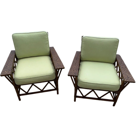 Pair Vintage Maine Cottage Rattan Lounge Chairs w/ Green Cushions 34Lx30Wx34H