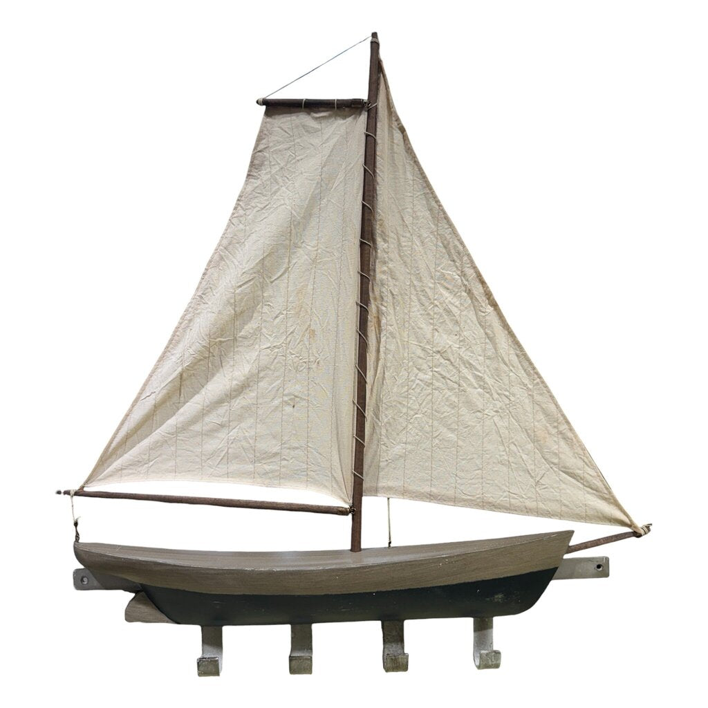 Wall Mounted Hooks on Nautical Wooden Sailboat w/ Canvas Sails 21Lx22H