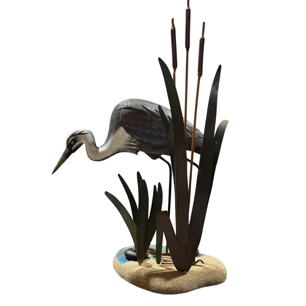 Great Blue Heron Hand-Painted Metal & Wood Coastal Table Sculpture 13Lx6Wx19H