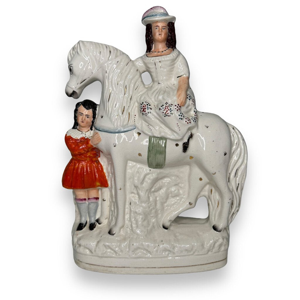 Antique Staffordshire Porcelain Equestrian Girls Statue 9"Lx12"H