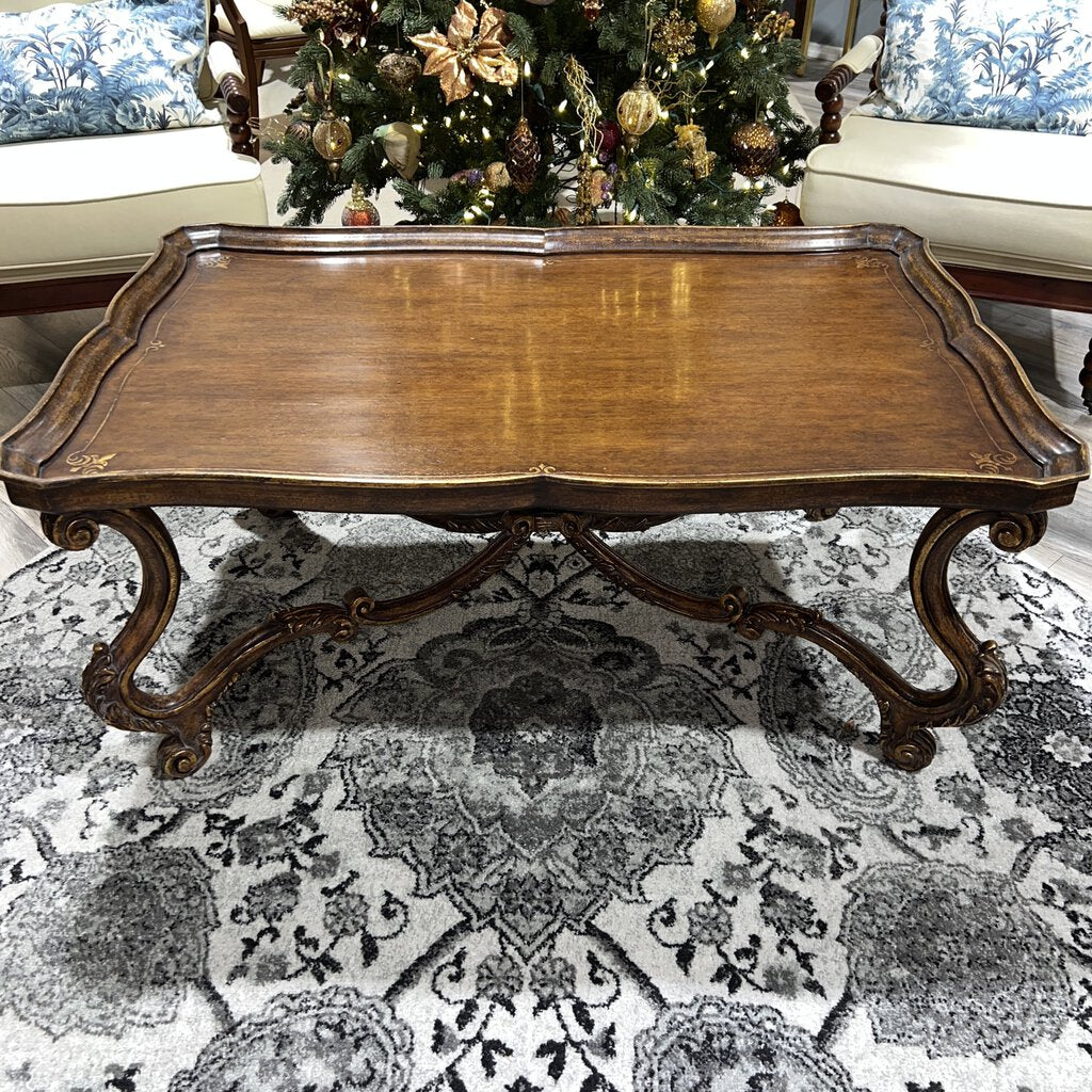 MAITLAND SMITH Italian Rococo Style Carved Walnut Coffee Table w/ Hand-Painted Gold Leaf 48Lx32Wx21H