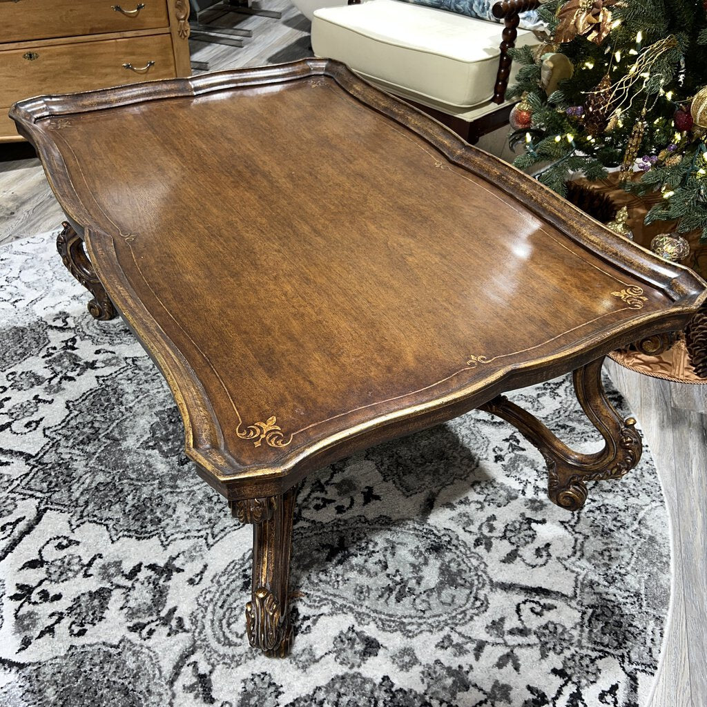 MAITLAND SMITH Italian Rococo Style Carved Walnut Coffee Table w/ Hand-Painted Gold Leaf 48Lx32Wx21H