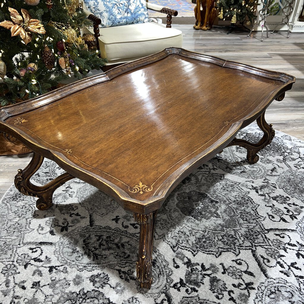 MAITLAND SMITH Italian Rococo Style Carved Walnut Coffee Table w/ Hand-Painted Gold Leaf 48Lx32Wx21H