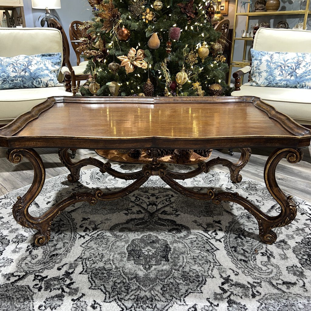 MAITLAND SMITH Italian Rococo Style Carved Walnut Coffee Table w/ Hand-Painted Gold Leaf 48Lx32Wx21H