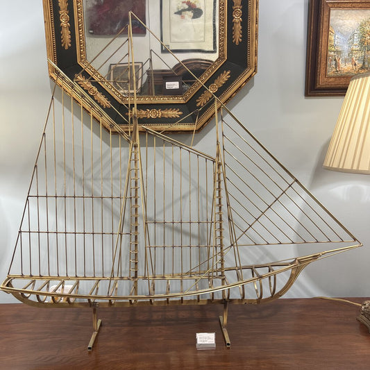 Large MCM Gold Metal Sailboat Sculpture. Signed: Curtis Jere 1976 48Lx7Wx41H