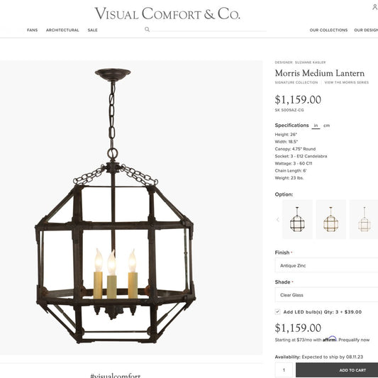 Visual Comfort Suzanne Kasler Morris Lantern in Antique Zinc 15"x15"x21"