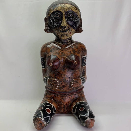 Mesoamerican Aztec Hand-painted Nude Female Kneeling Fertility Terracotta Statue 25 inches tall. Stunning & Heavy Piece. Old Piece, Repair on leg.