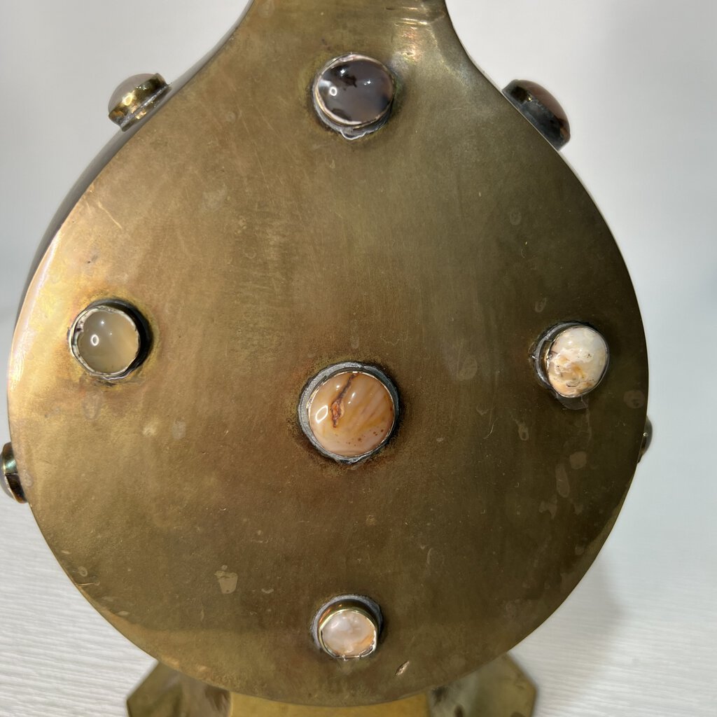 Vintage Brass Vase w/ Embellished Polished Gemstones 9" tall