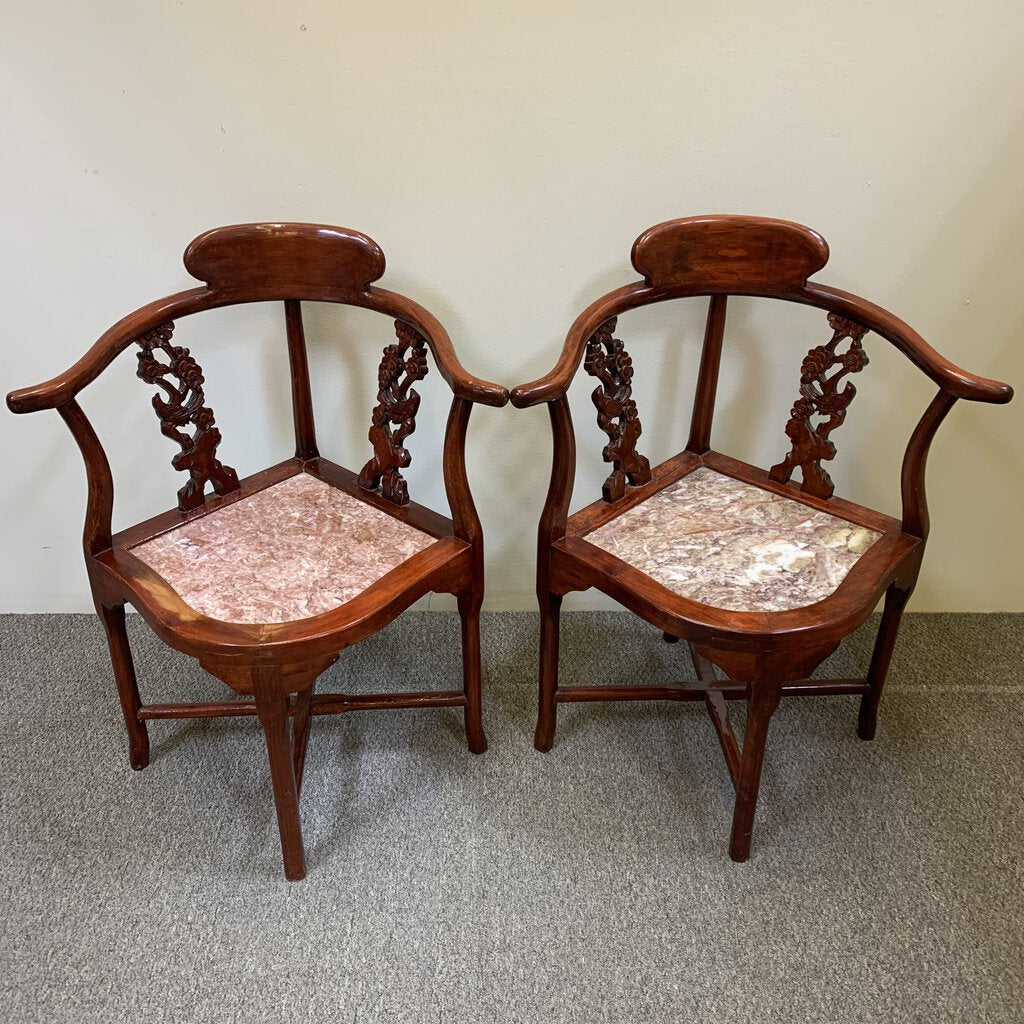 Hand-carved Oriental Rose Wood Chairs w/ Marble Seats