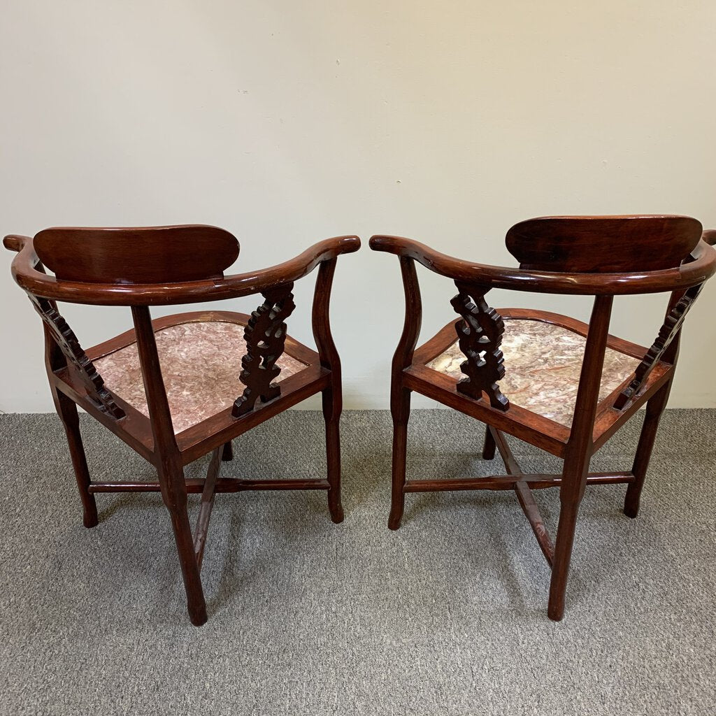 Hand-carved Oriental Rose Wood Chairs w/ Marble Seats