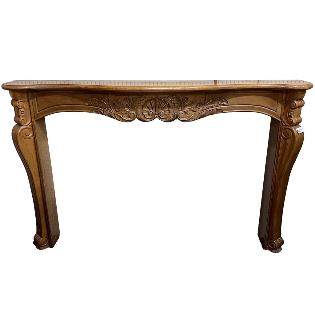 Renaissance Style Salvage Vintage Maple Fireplace Mantle, Carved Scroll Work & Sea Shell