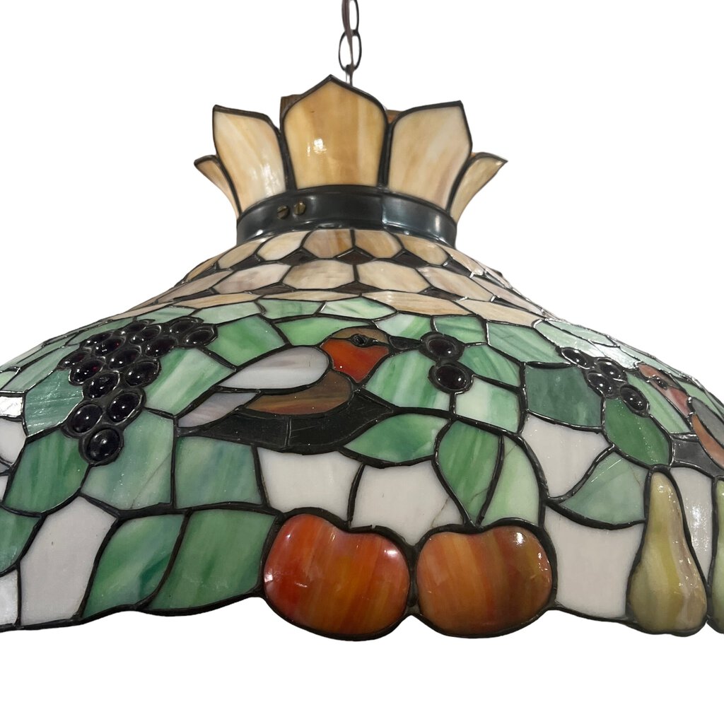 Mosaic Slag & Stained Lead Glass Dome Chandelier w/ Birds & Fruit 25Wx15H