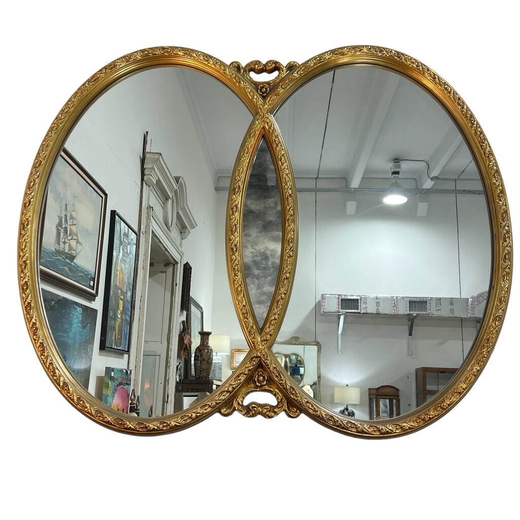 Vintage Hollywood Regency Double Oval Mirror w/ Gold Gilded Wood Frame 47" x 39"