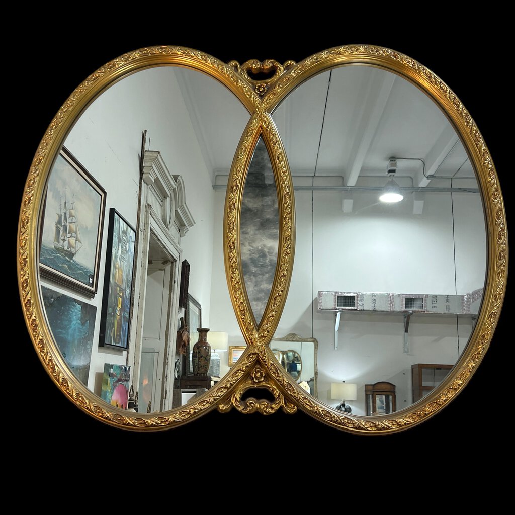 Vintage Hollywood Regency Double Oval Mirror w/ Gold Gilded Wood Frame 47" x 39"